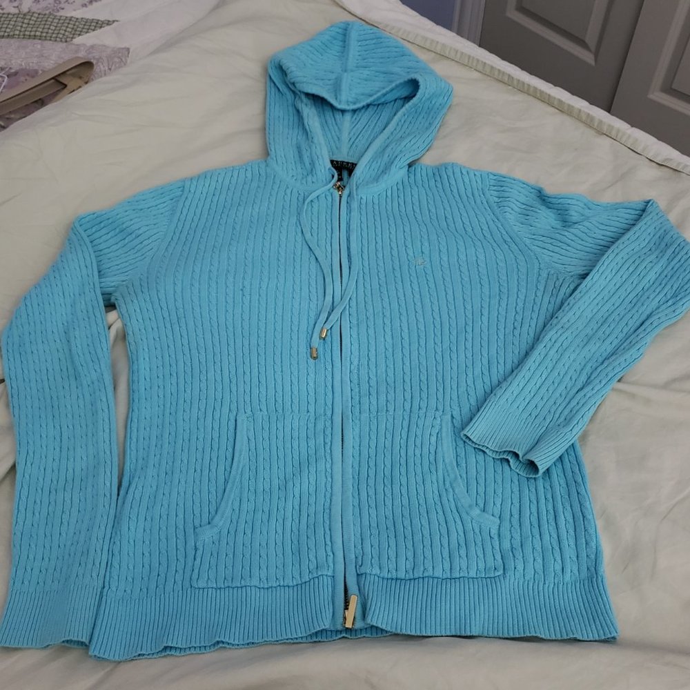 Lauren by Ralph Lauren Cable Knit L/S Hoodie Sweater Gold RL Logo - Picture 3 of 11